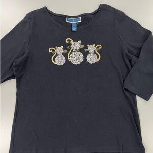 Karen Scott Black Top with Gold & Silver Cat Design XL